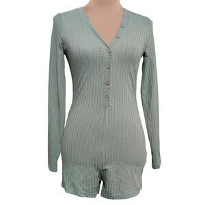 Womens Romper Pajama One Piece Ribbed Long Sleeve Button Front Sage Green Size S